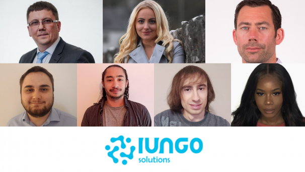 Selection of seven headshots and iungo solutions logo